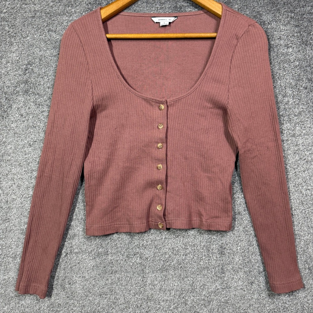 O'Neill Crop Top Size L Ribbed Long Sleeve‎ Button Front Mauve Pink